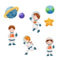 Watercolor astronaut children. Kids astronauts funny rocket cartoon set illustration vector