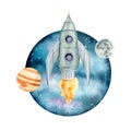 Watercolor astronomy spaceship rocket