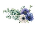 Watercolor asymmetric bouquet with eucalyptus and anemone. Hand painted blue and white flowers, eucalyptus leaves and