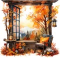 Watercolor Autumn Windows Clipart Fall Holiday Scenes Card Making Seasonal autumn leaves Cozy Fall farmhouse Sublimation Royalty Free Stock Photo