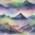 Watercolor of Aurora over the Mountain painting with Rubbing Alcohol technique. AI-Generated.