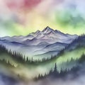 Watercolor of Aurora over the Mountain painting with Rubbing Alcohol technique. AI-Generated.