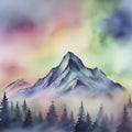 Watercolor of Aurora over the Mountain painting with Rubbing Alcohol technique. AI-Generated.