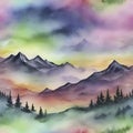 Watercolor of Aurora over the Mountain painting with Rubbing Alcohol technique. AI-Generated.