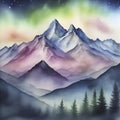 Watercolor of Aurora over the Mountain painting with Rubbing Alcohol technique. AI-Generated.