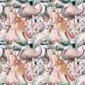 Watercolor australian cartoon kangaroo emu, koala and flying fox seamless pattern. Australian kangaroos set kids