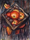 Watercolor autumn apples leaves nuts on the table