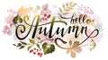 Watercolor autumn background with leaves, berries and lettering inscription hello autumn Royalty Free Stock Photo