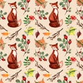 Seamless pattern with leaves, branches, berries, acorns, mushroom, cute fox Royalty Free Stock Photo