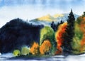 Watercolor autumn blurry landscape. Bright spots of colorful leafy trees among dark silhouettes of coniferous trees and distant