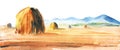 Watercolor autumn blurry landscape of mowed field with haystacks against blue mountains. Hand drawn rural illustration on white Royalty Free Stock Photo