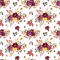 Watercolor autumn botanical seamless pattern on white background. Fall red, burgundy, purple flowers, dry leaves Royalty Free Stock Photo