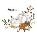 Watercolor autumn bouquet with fall flowers, leaves and white pumpkins. Fall botanical arrangement Royalty Free Stock Photo