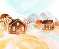 Watercolor autumn bright hand draw illustration. Village houses, meadow, river, mountains and trees Royalty Free Stock Photo