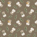 Watercolor autumn bunny rabbit with leaves seamless pattern on pastel brown beige background