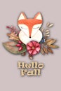 Watercolor autumn card with red fox hello fall.