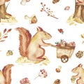 Watercolor autumn children set, card with cute squirrel, nuts, trolley.