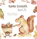 Watercolor autumn children set, card with cute squirrel, nuts, trolley. Royalty Free Stock Photo