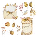 Watercolor autumn composition calendar, envelope and leaves Royalty Free Stock Photo