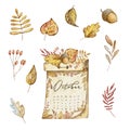 Watercolor autumn composition calendar and leaves Royalty Free Stock Photo