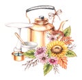 Watercolor autumn composition with flowers, copper teapot, mug, sweets isolated on white background Royalty Free Stock Photo