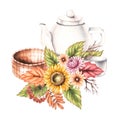 Watercolor autumn composition with flowers, teapot, mug, basket isolated on white background Royalty Free Stock Photo