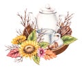 Watercolor autumn composition with flowers, a teapot and a mug of sweets isolated on a white background Royalty Free Stock Photo