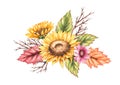 Watercolor autumn composition with autumn sunflower flowers, chrysanthemums, wilted leaves isolated on white background