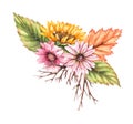 Watercolor autumn composition with autumn sunflower flowers, chrysanthemums, wilted leaves isolated on white background