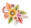 Watercolor autumn composition with autumn sunflower flowers, chrysanthemums, wilted leaves isolated on white background