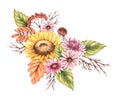 Watercolor autumn composition with autumn sunflower flowers, chrysanthemums, wilted leaves isolated on white background