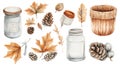 Watercolor autumn elements jars, leaves, pine cones, basket Royalty Free Stock Photo