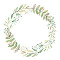 Watercolor autumn floral branches and leaves wreath. Rustic greenery. Illustration for invintation, greeting card