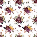 Watercolor autumn flowers and leaves seamless pattern. Red, burgundy, orange flowers, dry foliage on white background Royalty Free Stock Photo