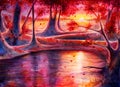 Watercolor autumn forest landscape with sunset, hand drawn painting, fantasy art with nature, beautiful background by watercolor a
