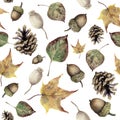 Watercolor autumn forest seamless pattern. Hand painted pine cone, acorn, berry and yellow and green fall leaves ornament isolated Royalty Free Stock Photo