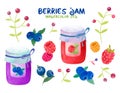 Watercolor autumn forest set with tasty berry jam. Fresh raspberry, blueberry, blackberry, cowberry in jar