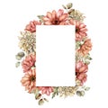 Watercolor autumn frame of aster, dahlia and leaves. Hand painted border of meadow flowers isolated on white background Royalty Free Stock Photo