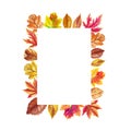 Watercolor autumn frame with leaves isolated on white background. Illustration for greeting cards, wedding invitations,