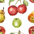 Watercolor autumn fruits seamless pattern. Apples and pears, isolated on white background. Autumn harvest concept illustration Royalty Free Stock Photo