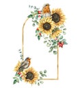 Watercolor autumn gold frame with redbreast, sunflowers, berries and eucalyptus leaves. Hand painted border isolated on