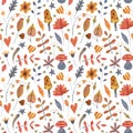 Watercolor autumn halloween seamless pattern with flowers, leaves, grass, mushroom.