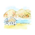 Watercolor autumn hand draw vector illustration with trees, lake, mounains and house. Romantic landscape. Nature background Royalty Free Stock Photo