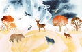Watercolor autumn hand draw landscape with animals silhouettes. Deer, hare, fox, wolf, bear and birds under night sky. Royalty Free Stock Photo
