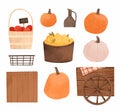 Watercolor Autumn harvest illustrations with pumpkins, apple basket, yellow flowers, wooden box, cart with wheel. Fall digital Royalty Free Stock Photo