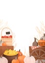 Watercolor Autumn harvest pre made poster with pumpkins, apple basket, yellow flowers, wooden box, cart with wheel, wheat. Fall Royalty Free Stock Photo