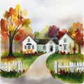 Watercolor of autumn house in the park