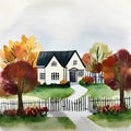 Watercolor of autumn house in the park