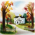 Watercolor of autumn house in the park