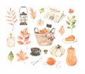 Watercolor Autumn illustrations. Fall leaves, acorns, basket with pumpkins, pie, candle, magazine. Forest design elements. Hello Royalty Free Stock Photo